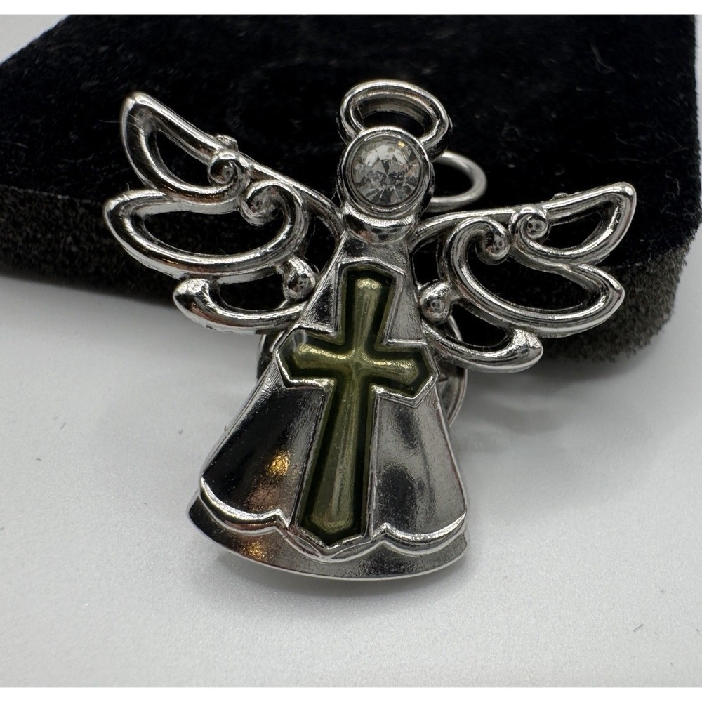 Angel Of Faith Lapel Pin Silver Tone Cross Angel Wings Rhinestone Religious